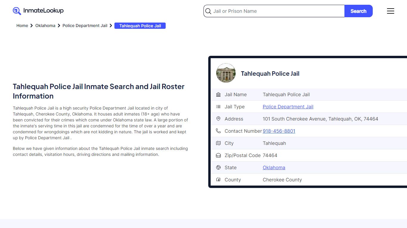 Tahlequah Police Jail Inmate Search and Jail Roster Information